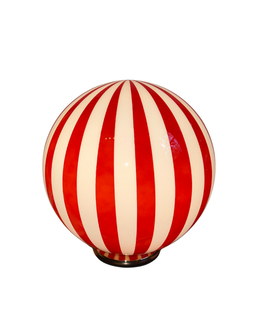 Luca - Lucy’s Lamps is a bold red and white striped globe table lamp with a retro vibe. Perfect as a modern table lamp, aesthetic desk lamp, or bedside lamp. Ideal for vintage light fixtures, retro lamps, table lamps for bedroom, and modern lamp for living room setups.