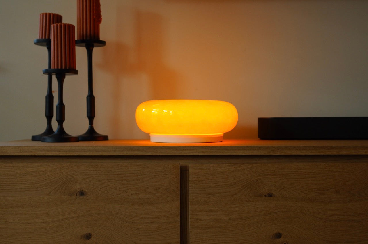 The Bergamot - Lucy’s Lamps is a retro stained glass orange lamp that functions as a modern table lamp or wall lamp. Ideal as a side table lamp, aesthetic desk lamp, or bedside table lamp. A perfect fit for bedroom table lamps, living room table lamps, or minimalist lamp table decor.