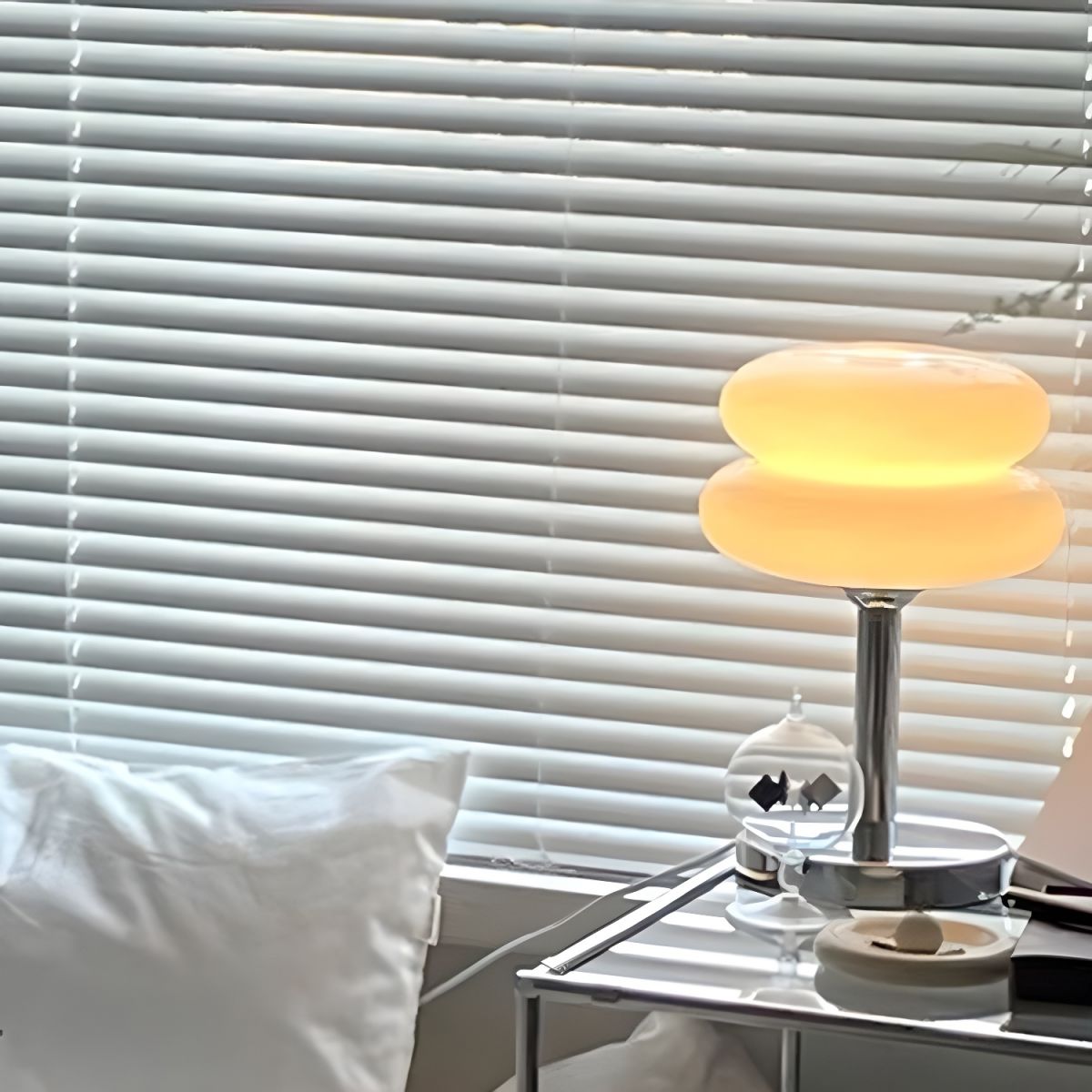 The Capella - Lucy’s Lamps retro stained glass lamp serves as a modern table lamp for bedroom or living room. This small desk lamp is perfect as a bedside table lamp, side table lamp, light therapy lamp, and aesthetic lamp for minimalist spaces.
