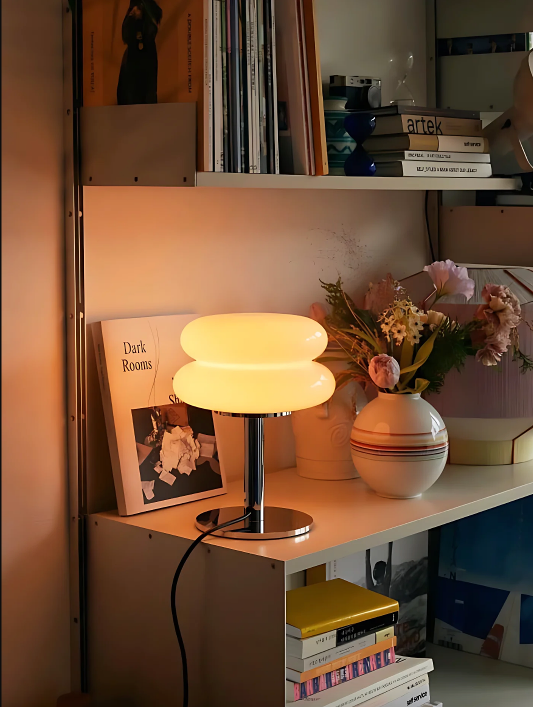 The Capella - Lucy’s Lamps retro stained glass orange table lamp serves as a modern table lamp for bedroom or living room. This small desk lamp is perfect as a bedside table lamp, side table lamp, light therapy lamp, and aesthetic lamp for minimalist spaces.