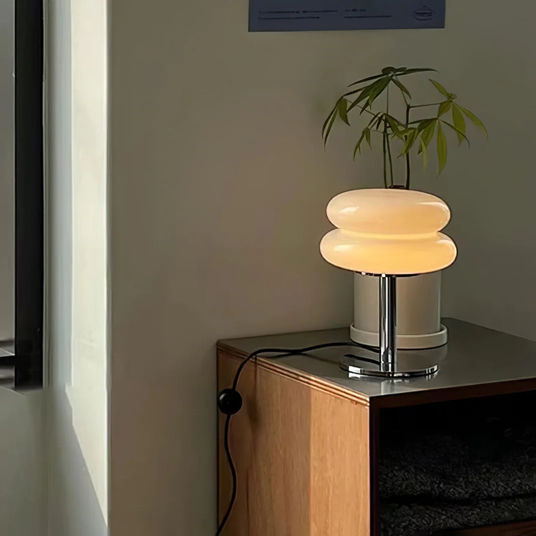 The Capella - Lucy’s Lamps retro stained glass lamp serves as a modern table lamp for bedroom or living room. This small desk lamp is perfect as a bedside table lamp, side table lamp, light therapy lamp, and aesthetic lamp for minimalist spaces.