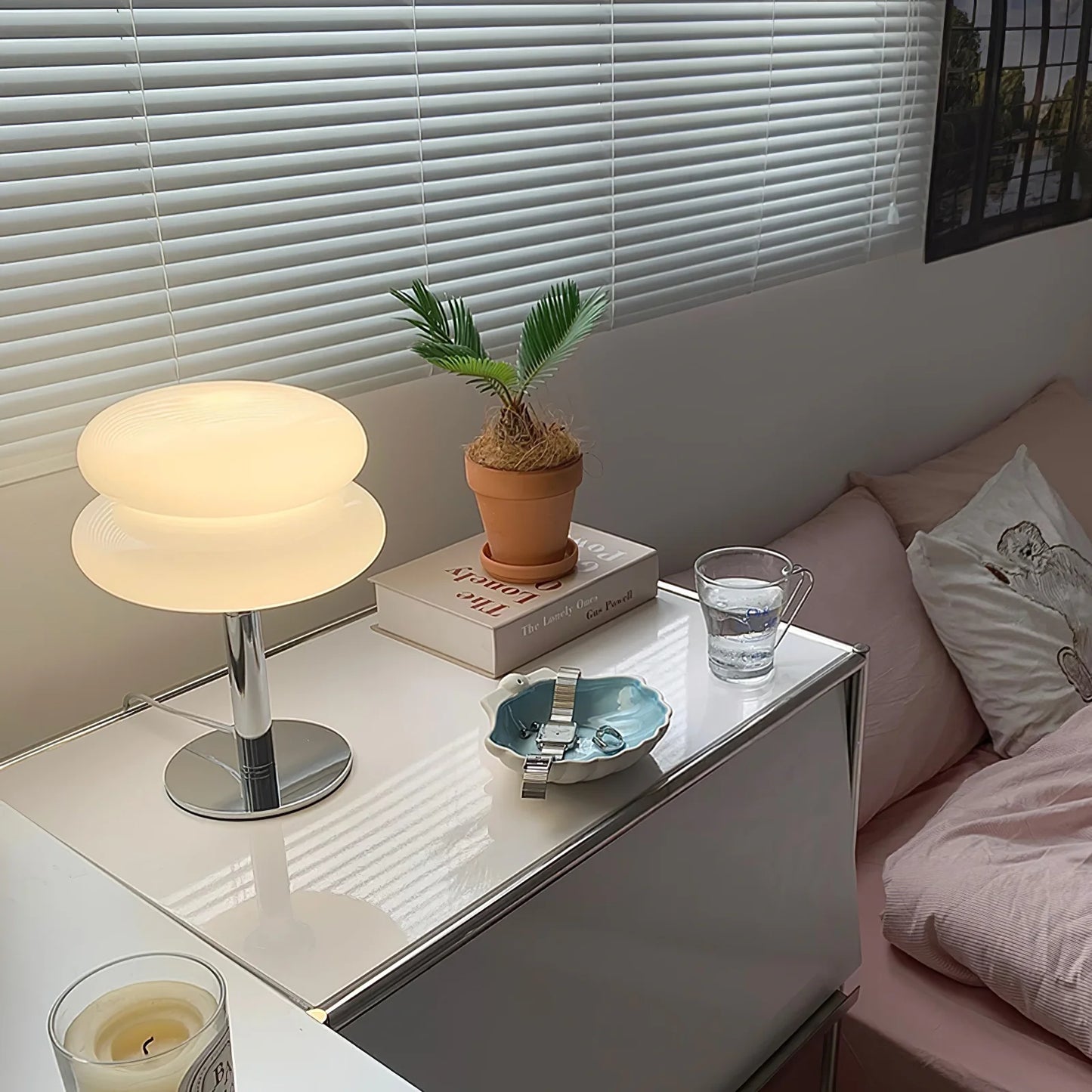 The Capella - Lucy’s Lamps retro stained glass lamp serves as a modern table lamp for bedroom or living room. This small desk lamp is perfect as a bedside table lamp, side table lamp, light therapy lamp, and aesthetic lamp for minimalist spaces.