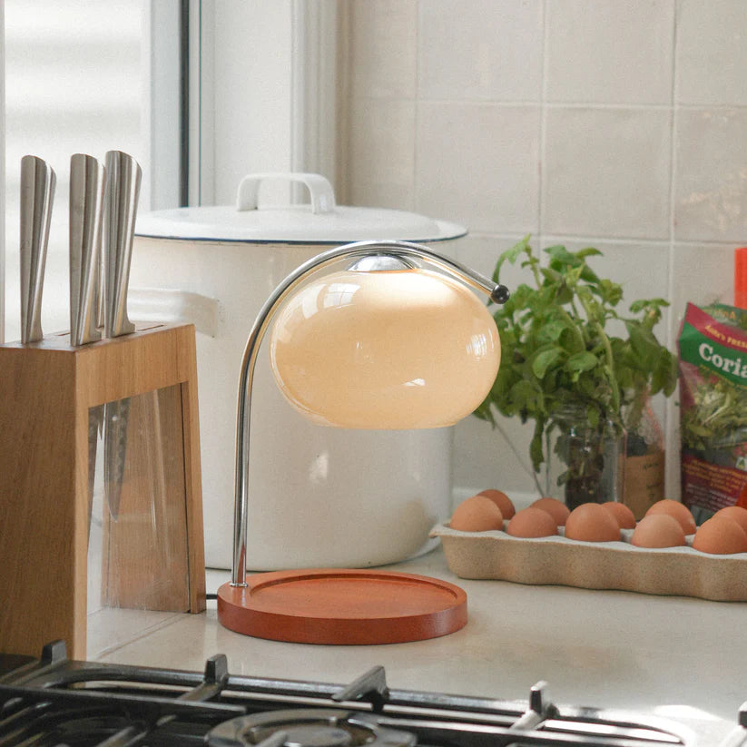 The Solange - Lucy’s Lamps is a modern table lamp with candle warmer lamp functionality. Aesthetic retro stained glass lamp ideal as a bedside table lamp, small desk lamp, or minimalist side table lamp. Perfect for bedroom table lamps or modern lamp for living room styling.