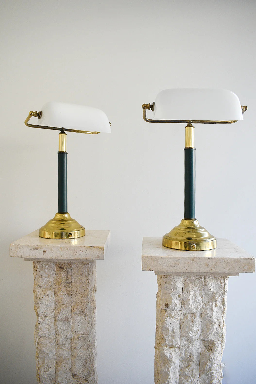 Pair of Vintage Brass & White Glass Bankers Lamps