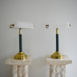 Pair of Vintage Brass & White Glass Bankers Lamps