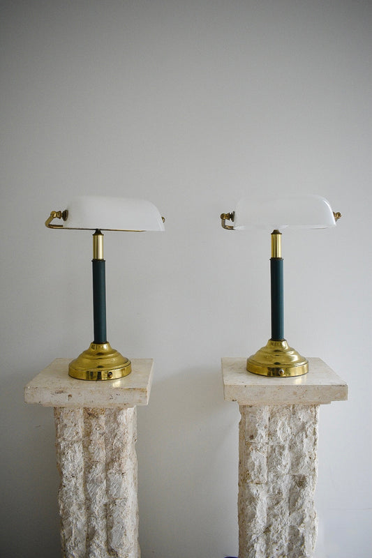 Pair of Vintage Brass & White Glass Bankers Lamps