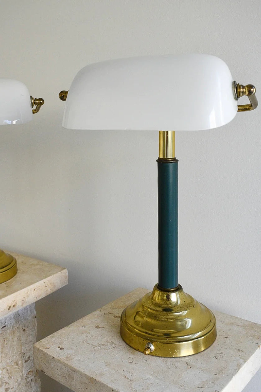 Pair of Vintage Brass & White Glass Bankers Lamps