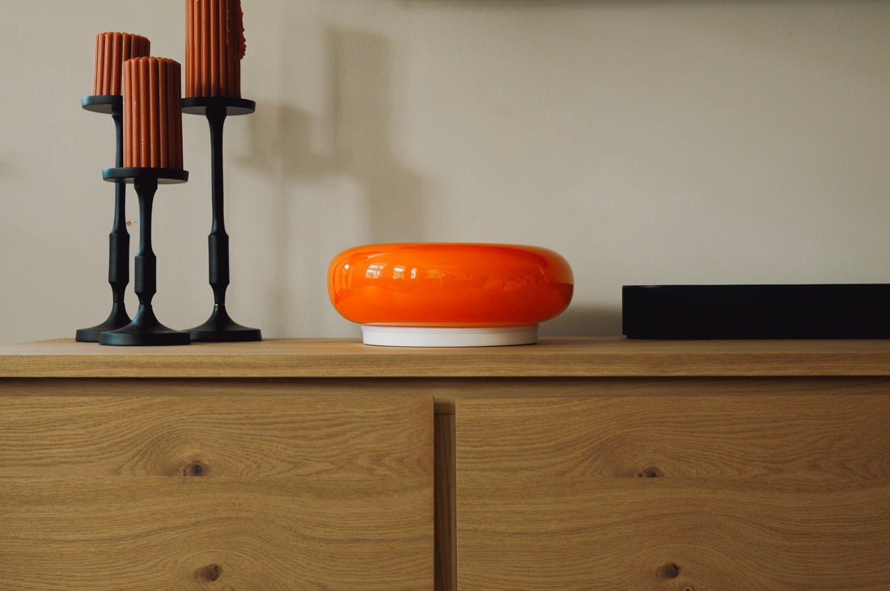 The Bergamot - Lucy’s Lamps is a retro stained glass orange lamp that functions as a modern table lamp or wall lamp. Ideal as a side table lamp, aesthetic desk lamp, or bedside table lamp. A perfect fit for bedroom table lamps, living room table lamps, or minimalist lamp table decor.