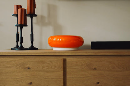 The Bergamot - Lucy’s Lamps is a retro stained glass orange lamp that functions as a modern table lamp or wall lamp. Ideal as a side table lamp, aesthetic desk lamp, or bedside table lamp. A perfect fit for bedroom table lamps, living room table lamps, or minimalist lamp table decor.