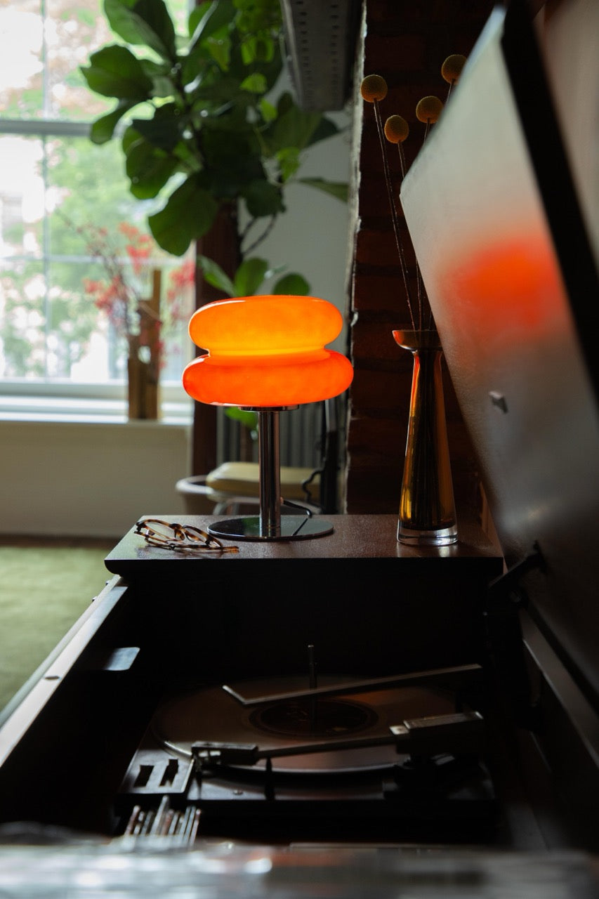 The Capella - Lucy’s Lamps retro stained glass orange table lamp serves as a modern table lamp for bedroom or living room. This small desk lamp is perfect as a bedside table lamp, side table lamp, light therapy lamp, and aesthetic lamp for minimalist spaces.