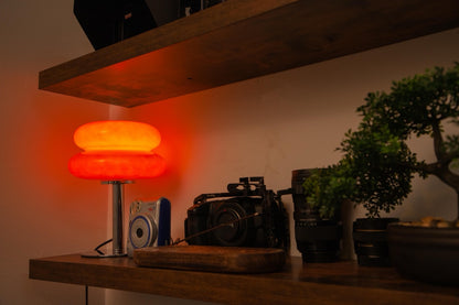 The Capella - Lucy’s Lamps retro stained glass orange table lamp serves as a modern table lamp for bedroom or living room. This small desk lamp is perfect as a bedside table lamp, side table lamp, light therapy lamp, and aesthetic lamp for minimalist spaces.