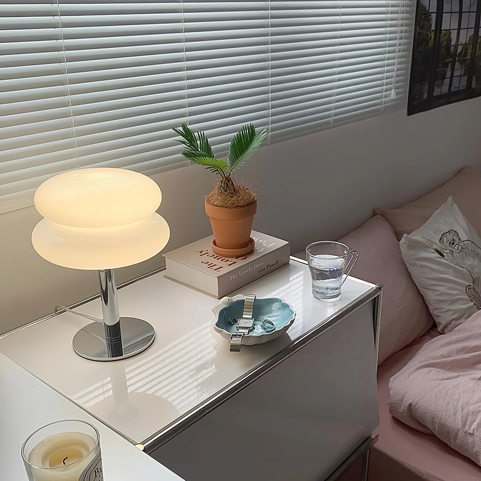 The Capella - Lucy’s Lamps retro stained glass lamp serves as a modern table lamp for bedroom or living room. This small desk lamp is perfect as a bedside table lamp, side table lamp, light therapy lamp, and aesthetic lamp for minimalist spaces. Explore Lucys Lamps for more home lighting ideas.