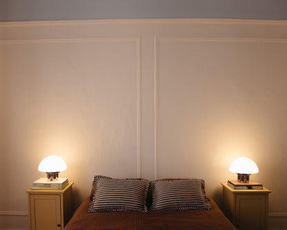 The Chroma - Lucy’s Lamps is a minimalist matte white table lamp with a modern mushroom silhouette. Perfect as a bedside lamp, side table lamp, or aesthetic desk lamp. This retro table lamp fits well in modern lamp for bedroom, small desk lamp setups, or living room table lamps.