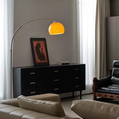 The Cosimo - Lucy’s Lamps is a retro stained glass orange floor lamp designed as a modern arc floor lamp. This aesthetic lamp works as a minimalist arc lamp, LED floor lamp, tripod floor lamp, or corner floor lamp. Ideal for modern lamp for bedroom or floor lamps for living room setups.