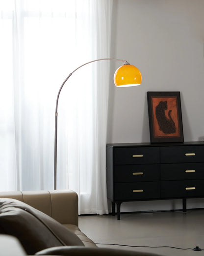 The Cosimo - Lucy’s Lamps is a retro stained glass orange floor lamp designed as a modern arc floor lamp. This aesthetic lamp works as a minimalist arc lamp, LED floor lamp, tripod floor lamp, or corner floor lamp. Ideal for modern lamp for bedroom or floor lamps for living room setups.