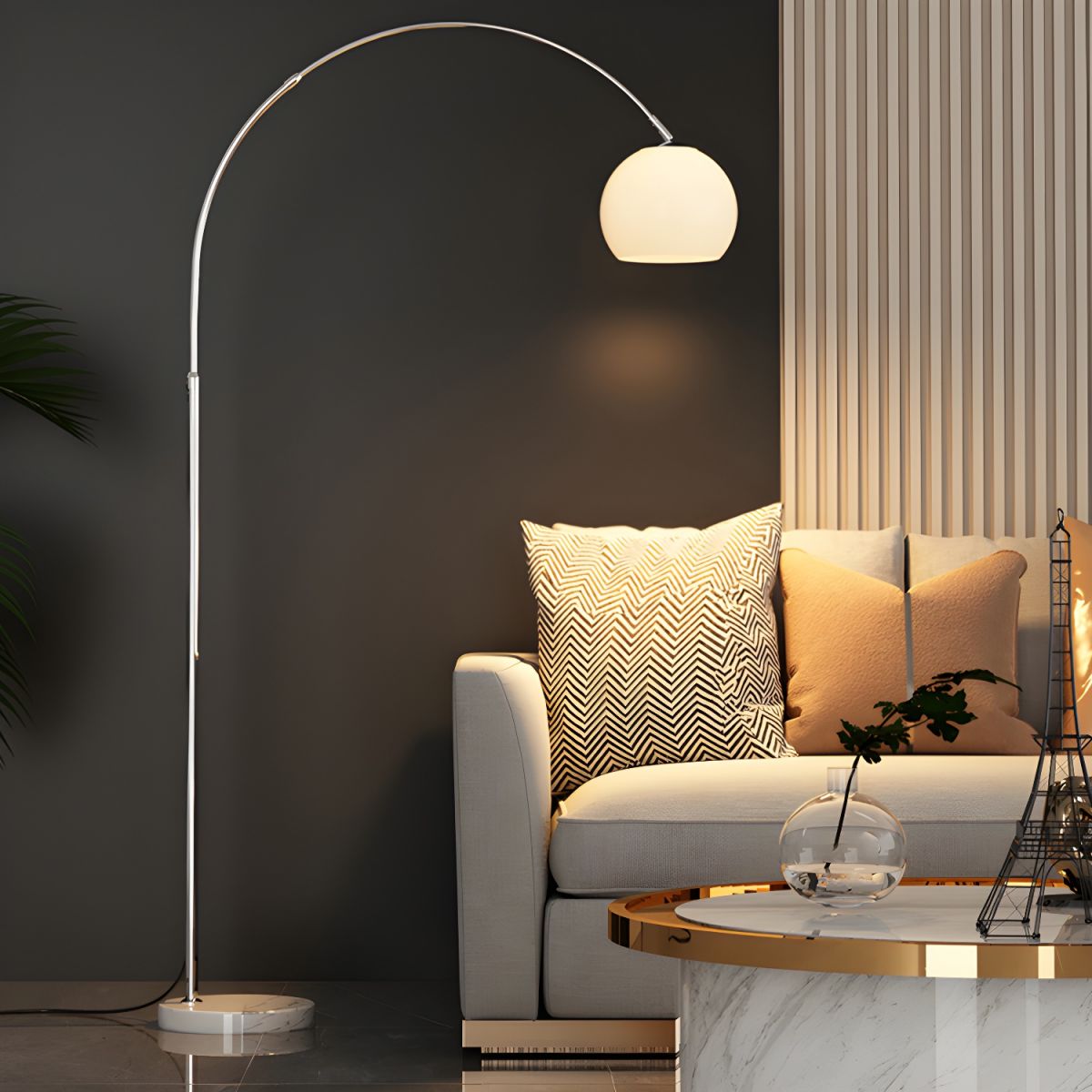 The Cosimo (Matte White) - Lucy’s Lamps is a minimalist arc floor lamp with retro charm. This modern LED floor lamp works as a light therapy lamp, aesthetic lamp, or bedside lamp. Perfect as a retro stained glass lamp or corner floor lamp for bedroom or floor lamps for living room spaces.
